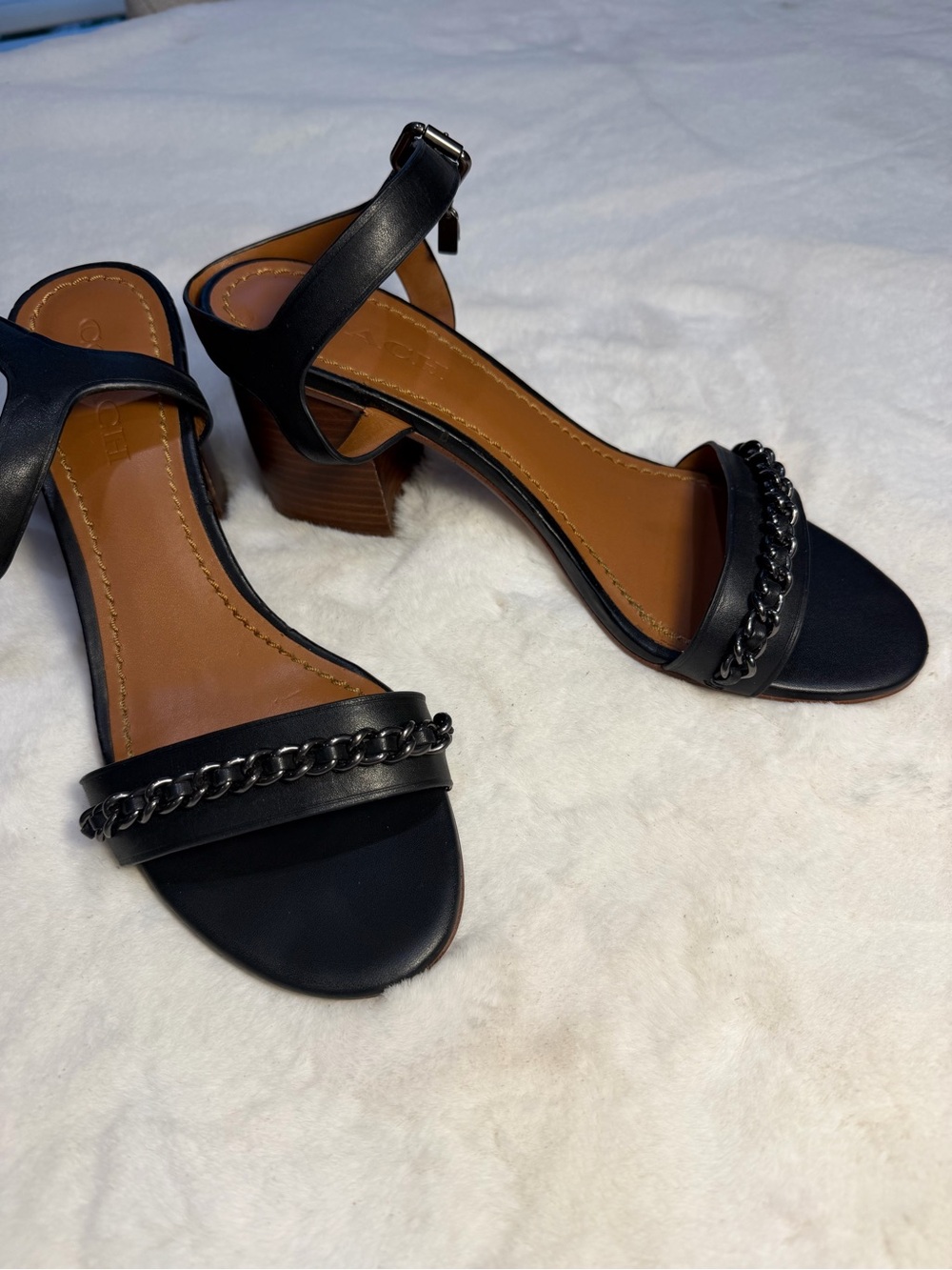 Coach Black Chain-Detail Block Heel Sandals - Women's Size 8.5
